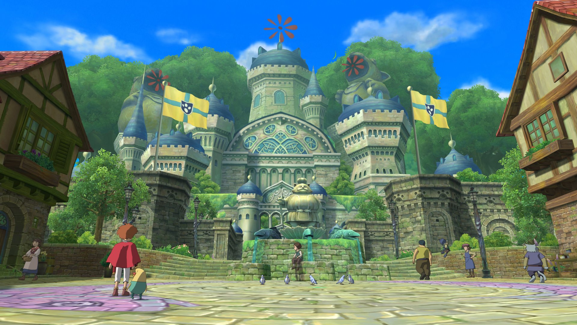 HD wallpaper of Ni No Kuni featuring a vibrant fantasy town scene with characters and architecture.