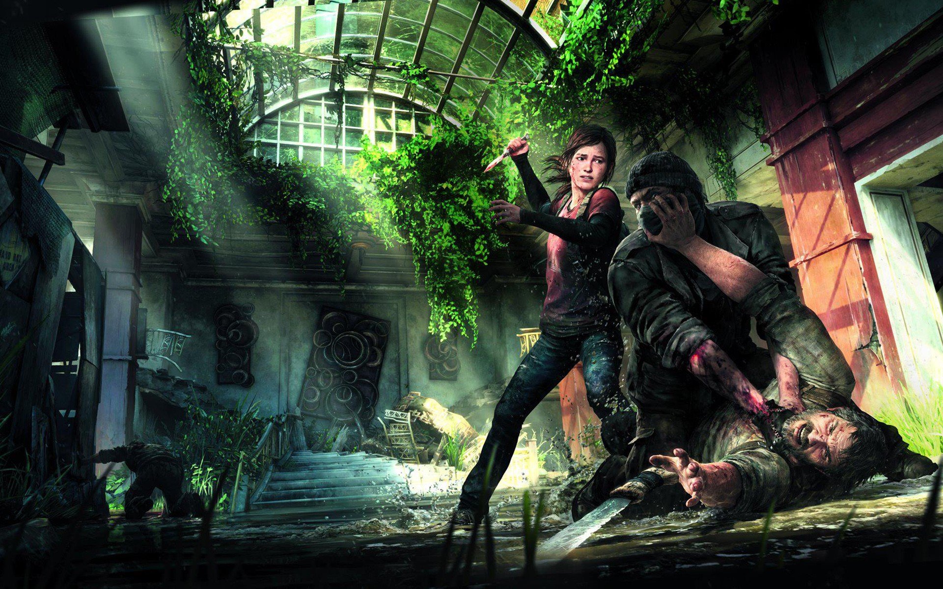 HD wallpaper from the video game The Last Of Us, depicting a tense moment in a post-apocalyptic setting with characters amidst overgrown ruins.