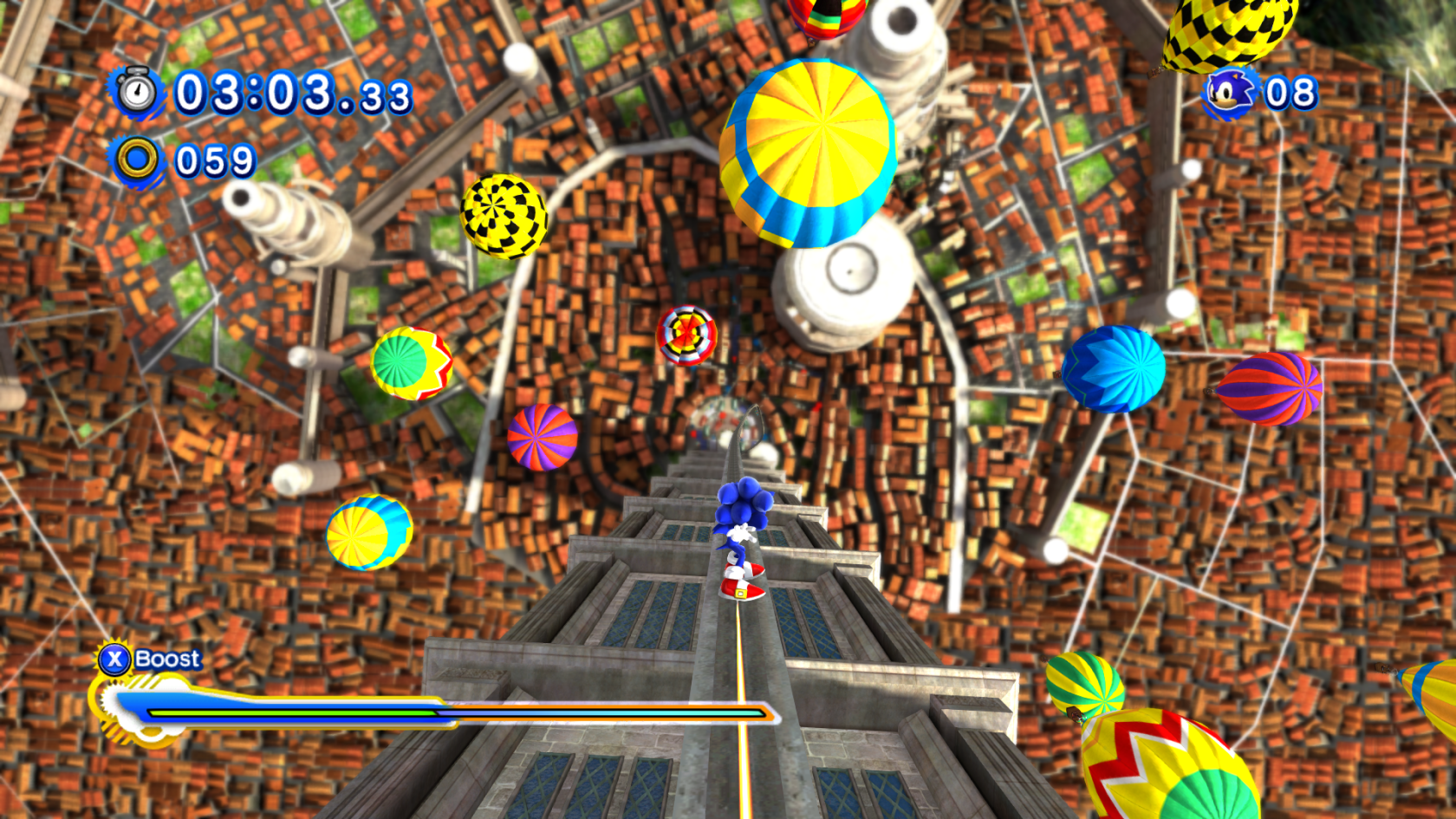 HD desktop wallpaper featuring Sonic the Hedgehog from Sonic Generations, running through a vibrant, obstacle-filled level.