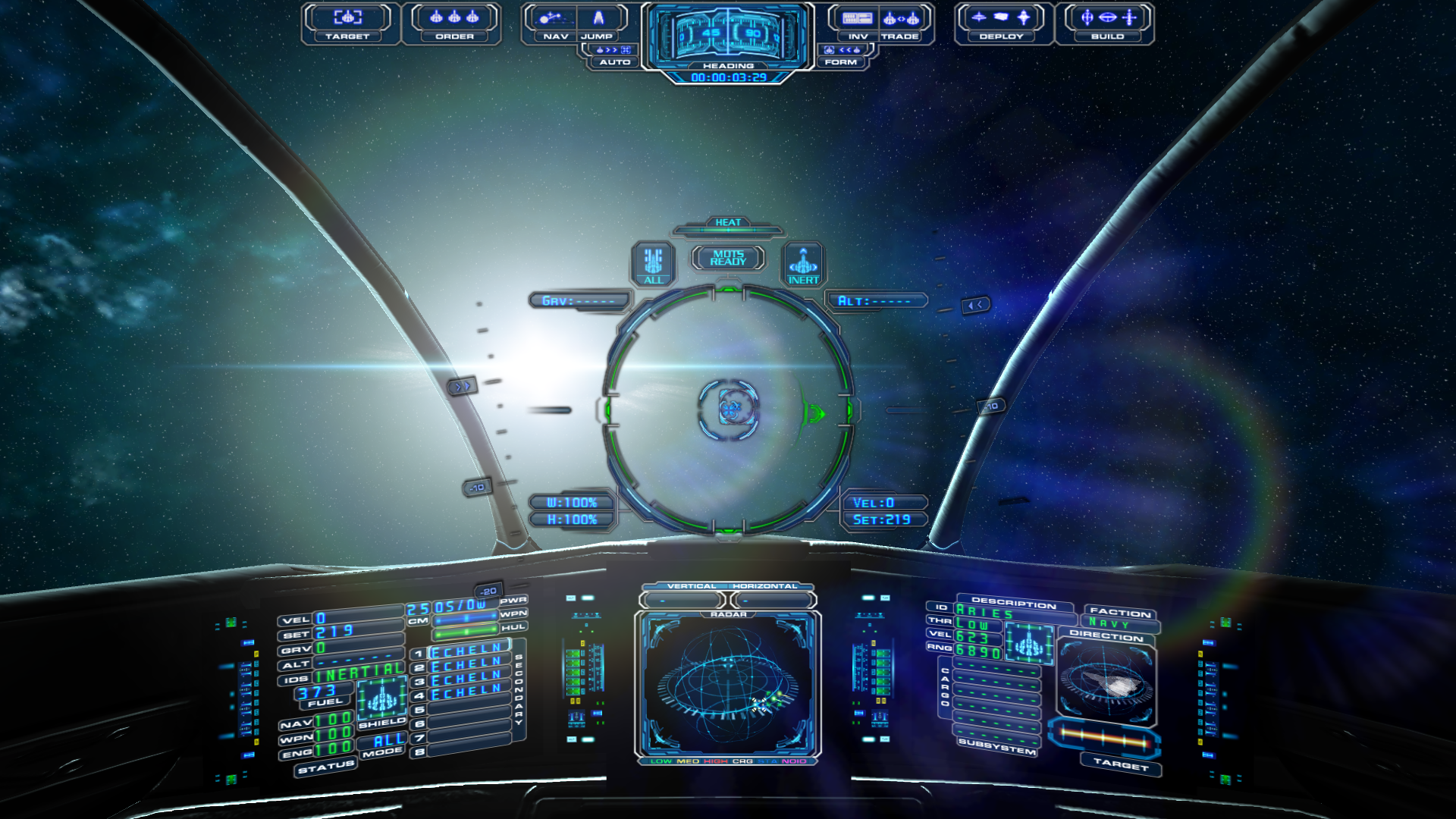 HD desktop wallpaper of Evochron Mercenary game featuring a spaceship cockpit with a view of outer space and a glowing sun.