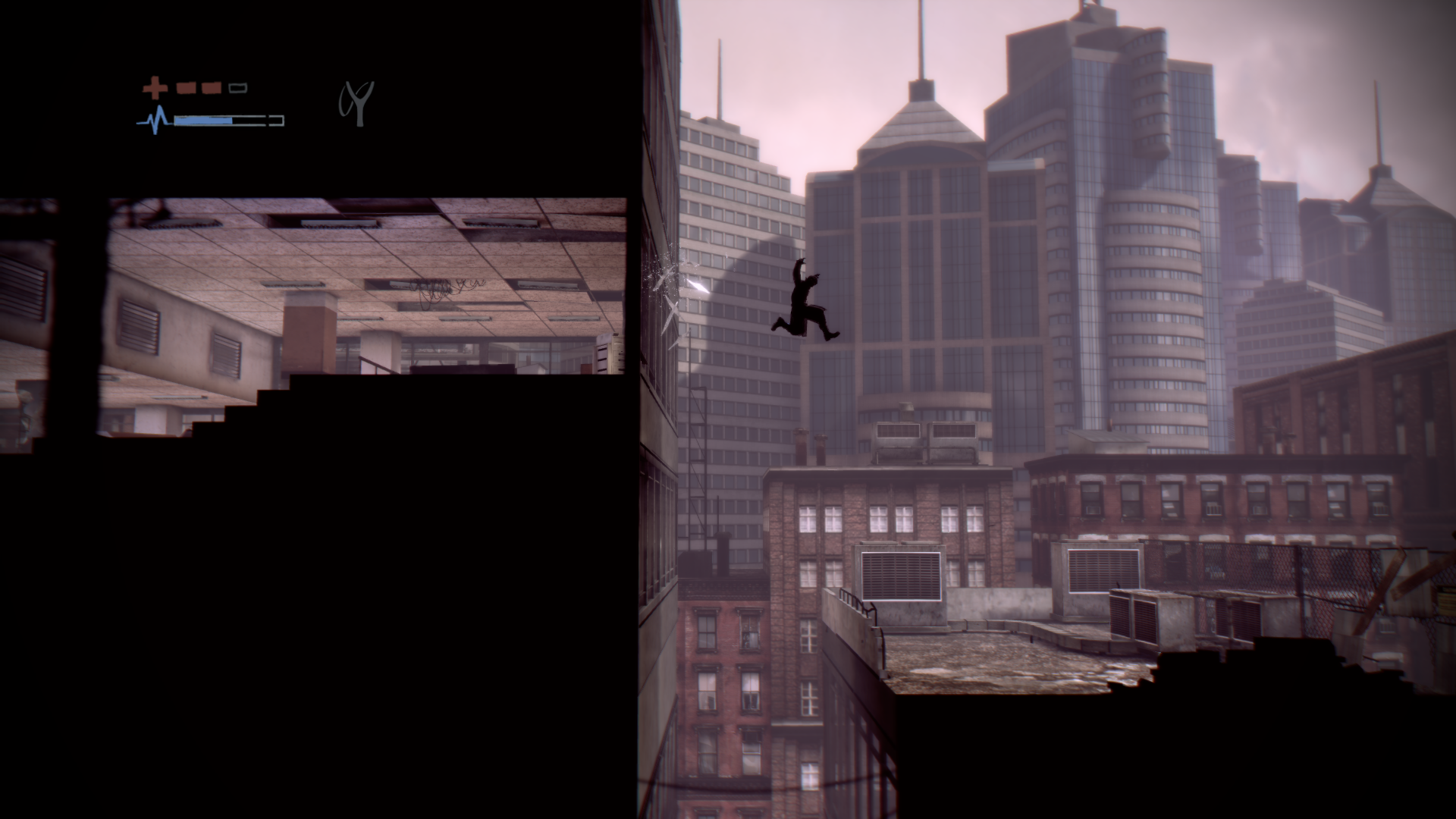HD desktop wallpaper featuring a scene from the game Deadlight with a silhouette of the character jumping between rooftops against a city backdrop.