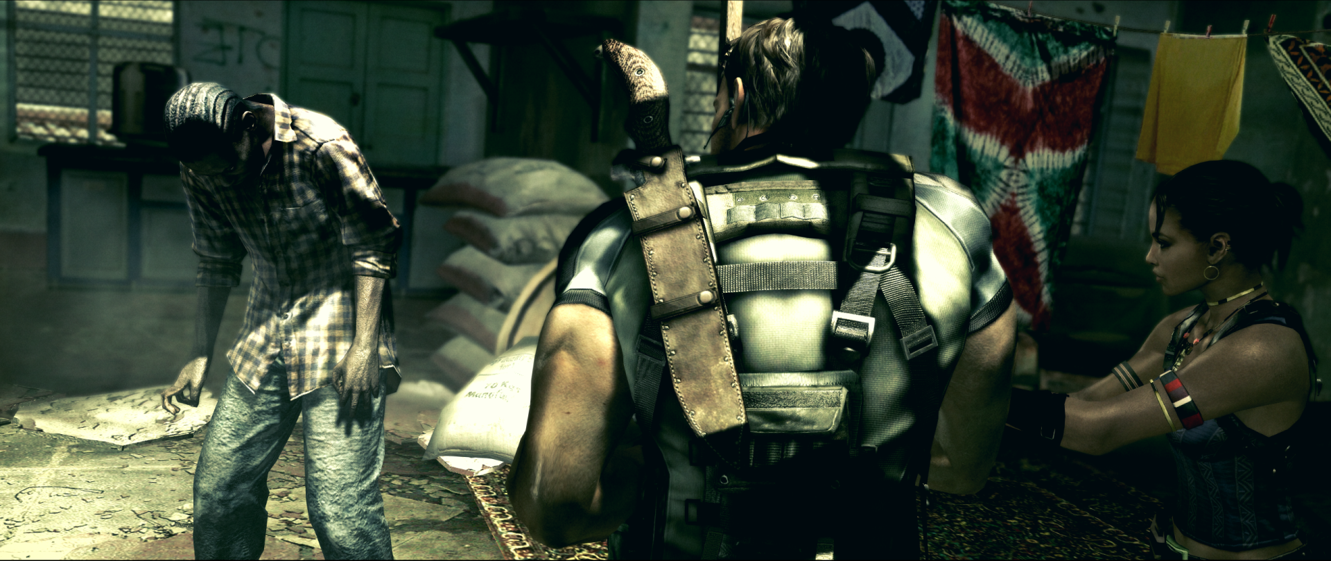 HD wallpaper from Resident Evil 5 featuring a detailed over-the-shoulder view of a character ready for action in a tense environment.
