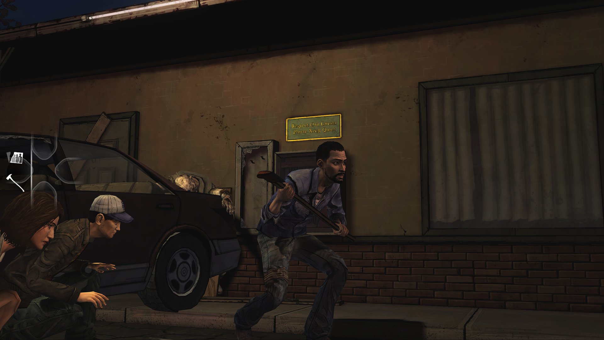 HD wallpaper from The Walking Dead: Season 1 featuring characters sneaking past a car for a stealthy escape.