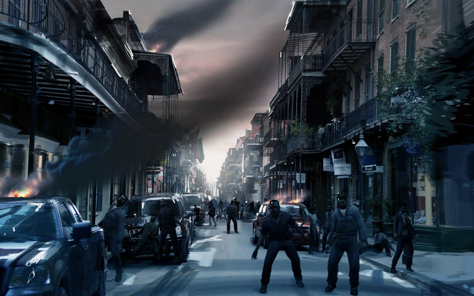 Dark, eerie city street overrun by zombies in a tense invasion scene from the video game Left 4 Dead 2, rendered as an HD PC desktop wallpaper.