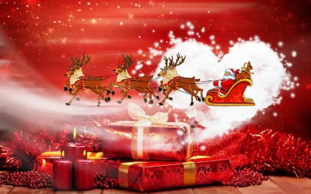 HD Christmas wallpaper featuring Santa in a sleigh with reindeer soaring above wrapped gifts and candles, set against a festive red background.