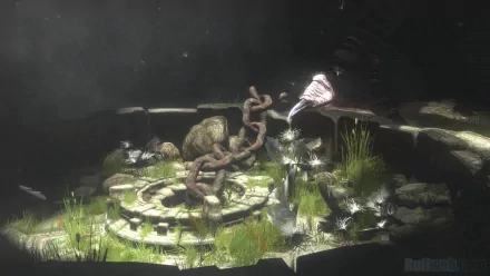 HD desktop wallpaper of The Last Guardian, featuring a mystical creature in a sunlit ancient ruin.