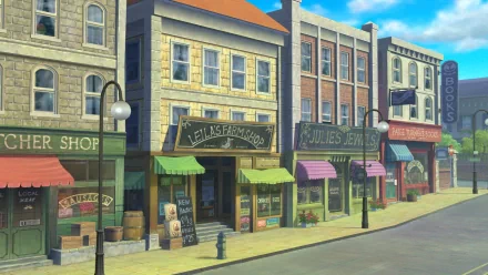 HD desktop wallpaper from Ni No Kuni featuring a quaint street with colorful storefronts and a clear sky.