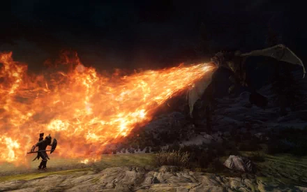 HD Skyrim wallpaper featuring a warrior facing a fire-breathing dragon under a night sky.