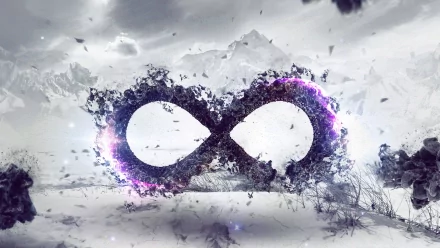 HD desktop wallpaper featuring an artistic infinity symbol amidst a dynamic, shattering effect with a cool-toned background.