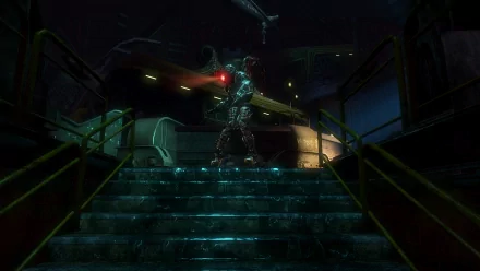 HD desktop wallpaper from Bioshock 2 featuring a Big Daddy ascending dimly lit, watery stairs.