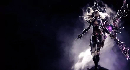 HD desktop wallpaper featuring Irelia from the video game League of Legends, set against a dark, dramatic background with swirls of mist.