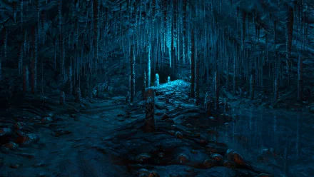HD desktop wallpaper from Dear Esther featuring a mystical blue cave with stalactites and a glowing light in the distance.