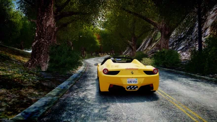 HD Grand Theft Auto IV desktop wallpaper featuring a yellow sports car driving on a scenic forest road.