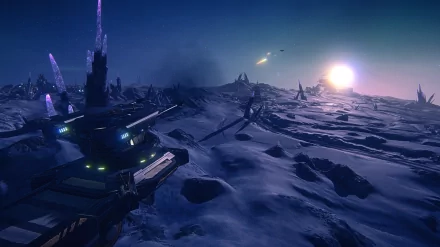 HD desktop wallpaper of a Planetside 2 scene featuring a snowy landscape with futuristic vehicles and a rising sun in the distance.