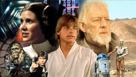 HD wallpaper featuring characters from Star Wars Episode IV: Chewbacca, Han Solo, Princess Leia, Obi-Wan Kenobi, R2-D2, and C-3PO against a space and desert backdrop.