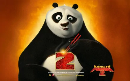 HD desktop wallpaper featuring the animated character Po from Kung Fu Panda 2 with a fiery orange background.