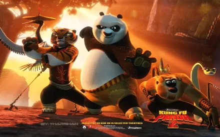 HD desktop wallpaper featuring characters from Kung Fu Panda 2 poised for action against a fiery backdrop.
