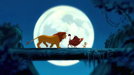 HD wallpaper featuring Simba, Timon, and Pumbaa from The Lion King (1994) against a moonlit sky.