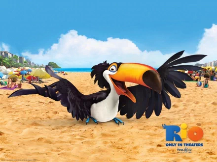 HD desktop wallpaper of Rio featuring the animated character Blu on a sunny beach with the cityscape in the background.