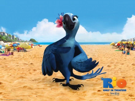 HD desktop wallpaper of a blue macaw from the animated movie Rio on a sunny beach background.