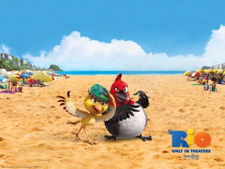 HD desktop wallpaper of Rio with animated birds on a sunny beach, promoting the movie with vibrant background scenes.