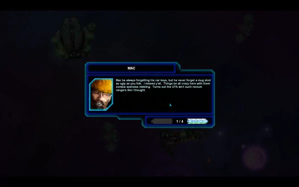 HD desktop wallpaper featuring a dialogue box from the game Space Pirates and Zombies against a dark cosmic background.