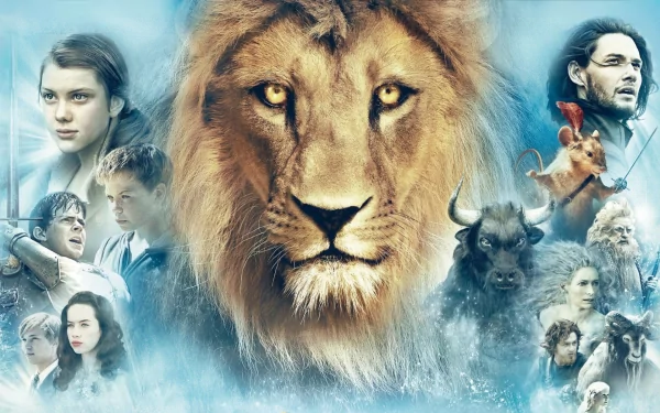 HD desktop wallpaper featuring key characters and the lion Aslan from the movie The Chronicles of Narnia: The Voyage of the Dawn Treader.