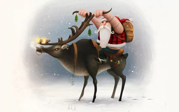 A whimsical holiday HD wallpaper featuring Santa riding a reindeer, surrounded by a snowy backdrop, capturing the festive spirit of Christmas and the joy of the season.