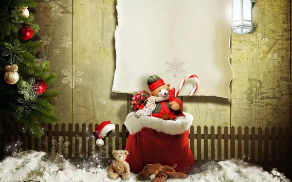 HD desktop wallpaper featuring a festive teddy bear in a Santa sack with candy canes and Christmas ornaments, set against a snowy holiday backdrop with a wooden fence.