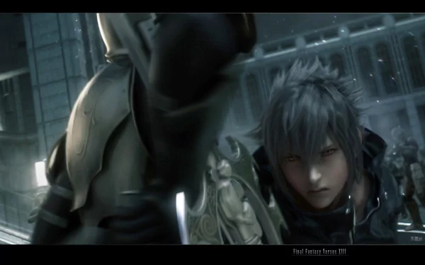 HD desktop wallpaper depicting a scene from Final Fantasy Versus XIII with a focus on a brooding character amidst a dramatic backdrop.