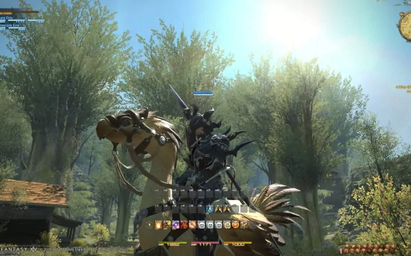HD wallpaper of a character mounted on a Chocobo from Final Fantasy XIV: A Realm Reborn, set against a verdant forest backdrop.