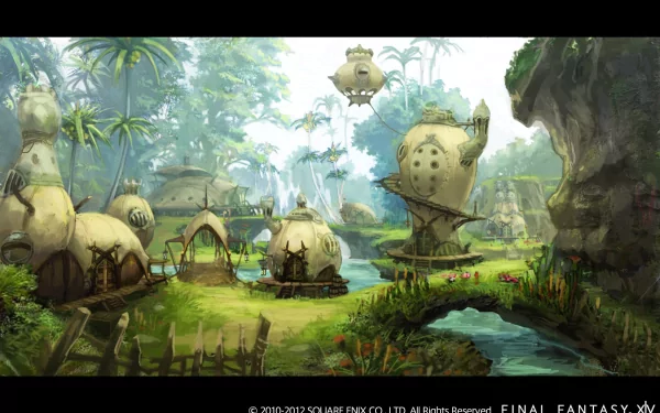 HD wallpaper of a lush Final Fantasy XIV: A Realm Reborn landscape, featuring whimsical structures amidst verdant greenery.