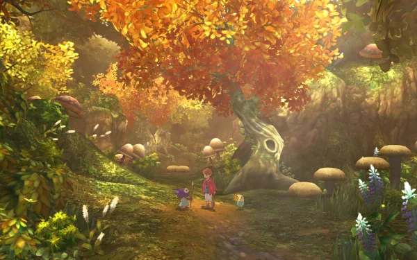 HD Ni No Kuni desktop wallpaper featuring a character in a vibrant, autumn-hued forest with mystical mushrooms and flora.