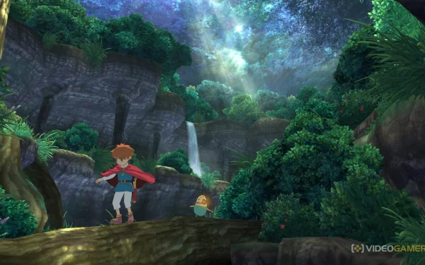 HD desktop wallpaper from Ni No Kuni featuring a character and a creature in a lush forest with a waterfall.