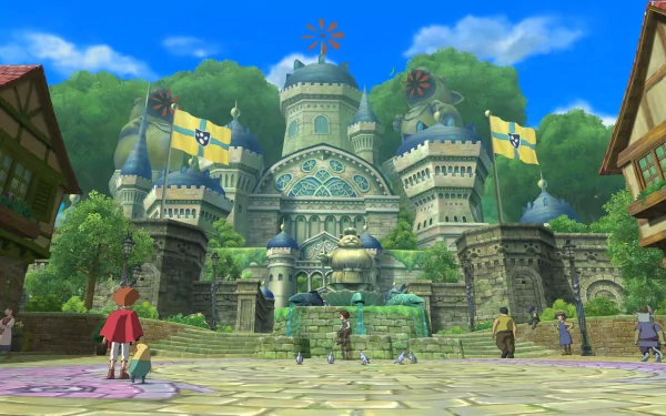 HD wallpaper of Ni No Kuni featuring a vibrant fantasy town scene with characters and architecture.