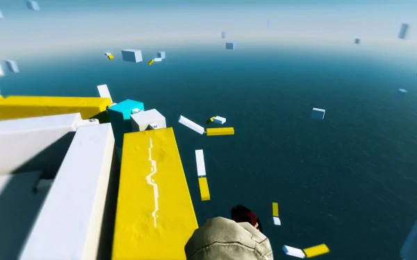 HD wallpaper featuring a first-person view from Mirror's Edge, showing a character poised on a ledge with floating platforms around.