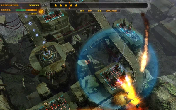 HD desktop wallpaper featuring a scene from the game Defense Grid with towers defending against an incoming wave of enemies.