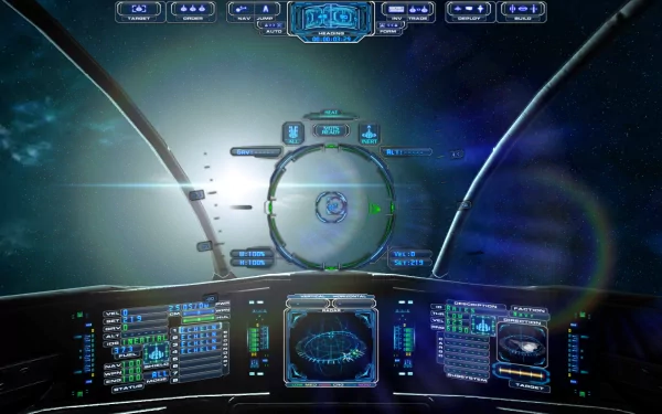 HD desktop wallpaper of Evochron Mercenary game featuring a spaceship cockpit with a view of outer space and a glowing sun.