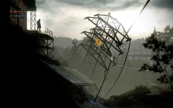 HD desktop wallpaper from the game Deadlight, featuring a character overlooking a collapsed structure in a moody, forested landscape.