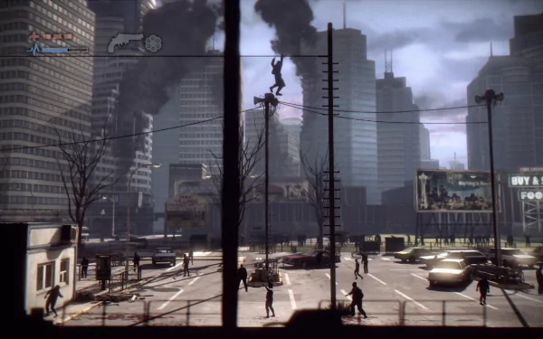 HD wallpaper from the game Deadlight featuring a character maneuvering through a desolate cityscape with ominous smoke in the background.