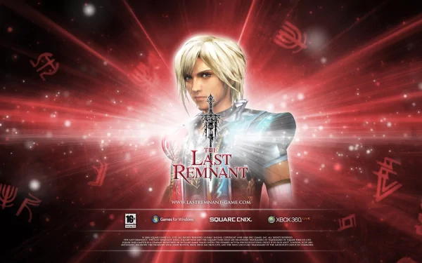 HD desktop wallpaper featuring a character from The Last Remnant with a radiant red background and game logos.