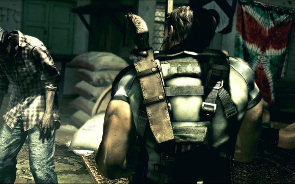 HD wallpaper from Resident Evil 5 featuring a detailed over-the-shoulder view of a character ready for action in a tense environment.