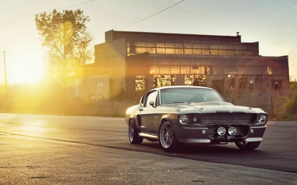 HD desktop wallpaper featuring a Ford Mustang posed at sunset with an industrial backdrop.