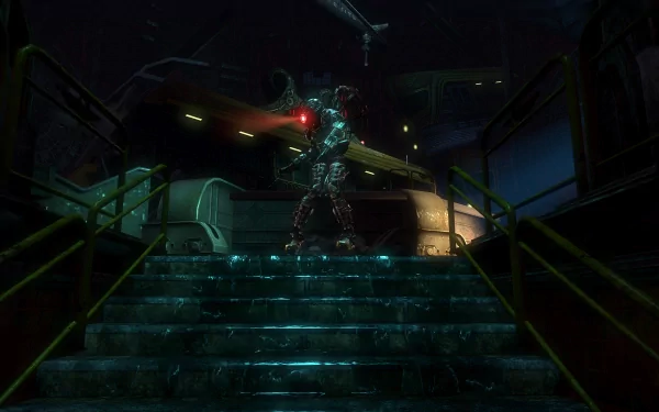 HD desktop wallpaper from Bioshock 2 featuring a Big Daddy ascending dimly lit, watery stairs.