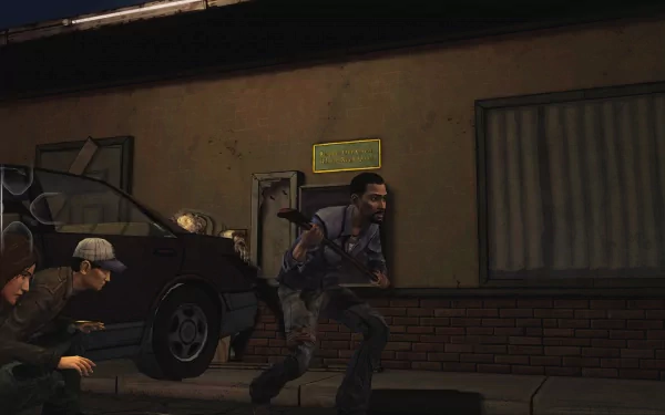 HD wallpaper from The Walking Dead: Season 1 featuring characters sneaking past a car for a stealthy escape.