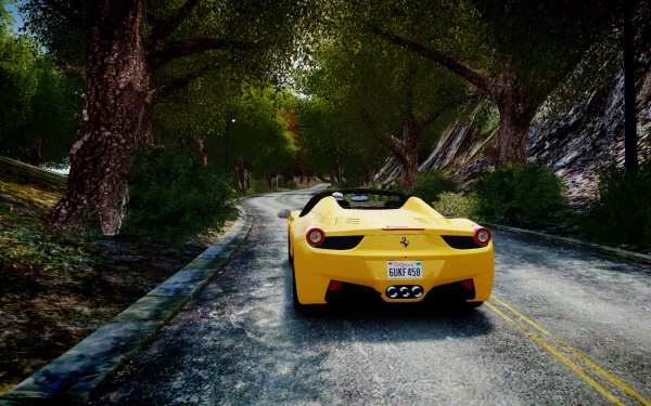 HD Grand Theft Auto IV desktop wallpaper featuring a yellow sports car driving on a scenic forest road.