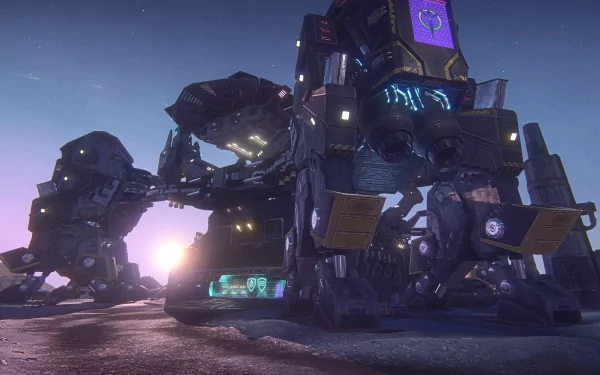 HD desktop wallpaper featuring a mech from the game Planetside 2 against a dusk sky with a rising sun.