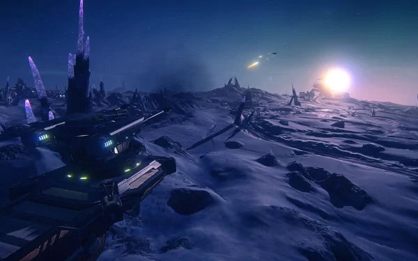 HD desktop wallpaper of a Planetside 2 scene featuring a snowy landscape with futuristic vehicles and a rising sun in the distance.