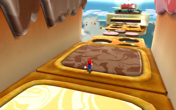 HD desktop wallpaper from Super Mario Galaxy featuring Mario on a colorful, whimsical platform level with a clear sky in the background.