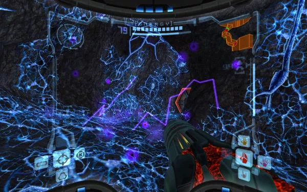 HD desktop wallpaper featuring a first-person view from Metroid Prime with a futuristic HUD and vivid cave-like environment.